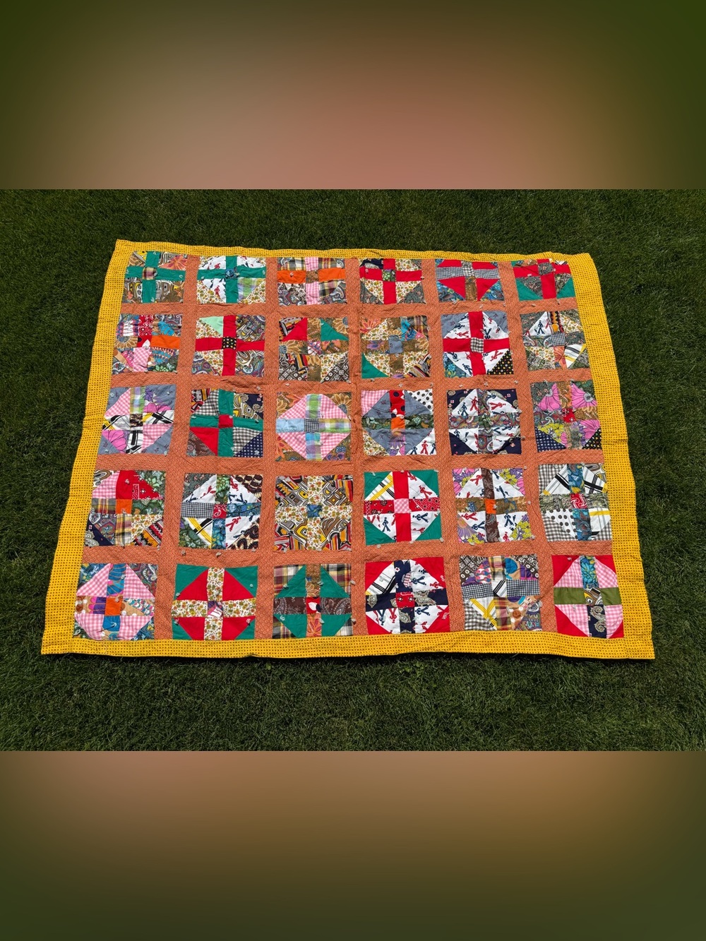 Vintage Hand-Tied Patchwork Cheerful Scrap Quilt Blanket 79” x 64” - Twin Size